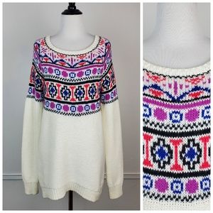 American Eagle Sweater Fair Isle Holiday Fall Winter Cozy Boho Oversized Cream